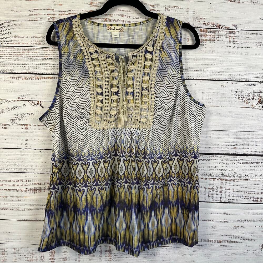 Womens World Unity Knit Blue White Boho Print Sleeveless Tank Top Crochet Sz XL